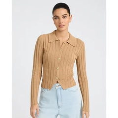 Express Fitted Novelty Button Ribbed Cutaway Hem Cardigan