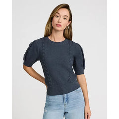 Express Cotton Textured Crew Neck Puff Sleeve Sweater