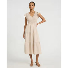 Express V-Neck Flutter Sleeve Smocked Tiered Midi Dress