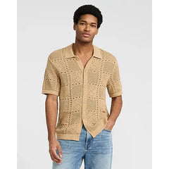 Express Textured Crochet Cotton Short Sleeve Sweater Polo