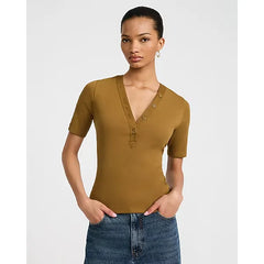 Express Fitted Ribbed V Neck Elbow Sleeve Henley Tee
