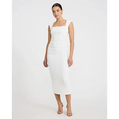 Express Ribbed Knit Cap Sleeve Ruched Midi Sheath Dress