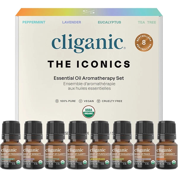 Cliganic Organic Aromatherapy Essential Oils Gift Set – Top 8 Iconic Oils – 100% Pure & Natural – Peppermint, Lavender, Eucalyptus, Tea Tree, Lemongrass, Rosemary, Frankincense & Orange