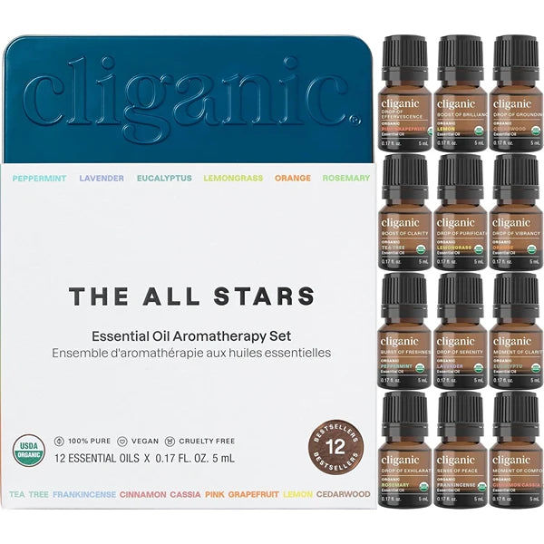 Cliganic Organic Essential Oils Set – Top 12 Aromatherapy Oils (Pack of 2, 24 Total Bottles) – 100% Pure & USDA Organic – Peppermint, Lavender, Eucalyptus, Tea Tree, Frankincense, Lemon, Orange, Rosemary & More