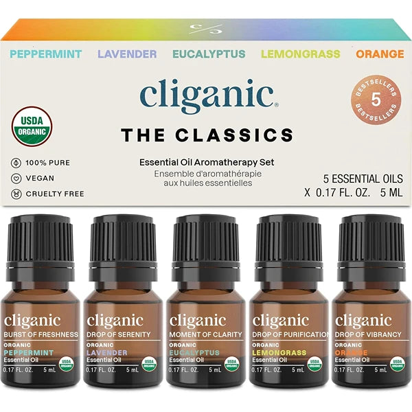 Cliganic Organic Essential Oils Set – Top 5 Classics (5 × 15ml) – 100% Pure & Natural, USDA Organic – Aromatherapy & Candle Making Oils – Peppermint, Lavender, Eucalyptus, Lemongrass & Orange