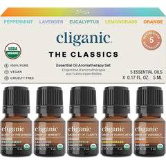 Cliganic Organic Essential Oils Set – Top 5 Classics (5 × 15ml) – 100% Pure & Natural, USDA Organic – Aromatherapy & Candle Making Oils – Peppermint, Lavender, Eucalyptus, Lemongrass & Orange