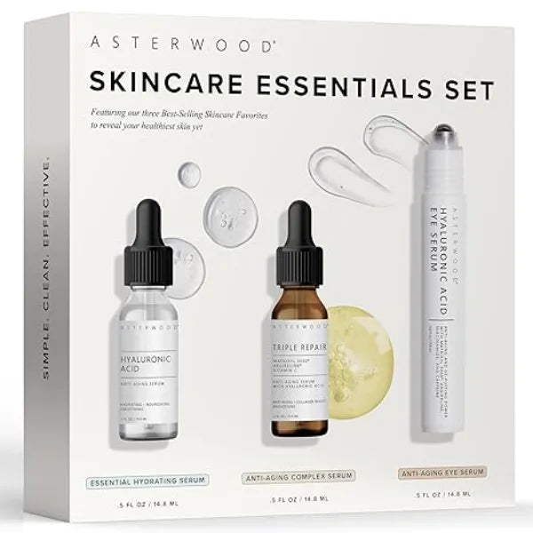 Asterwood Skin Care Set with Hyaluronic Acid & Triple Repair Serums, Under Eye Serum Skincare Essentials Hydrating, Moisturzing, Anti Aging Fragrance Free