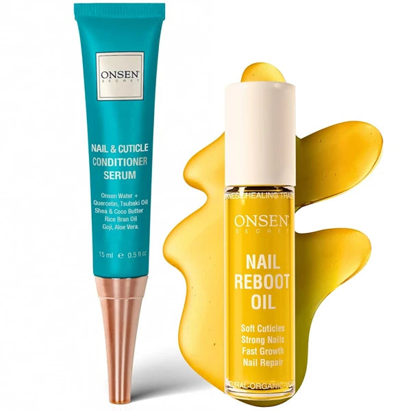Onsen Secret Nail Reboot Duo – Damaged Nail Treatment Set with Cuticle Repair Cream & Nail Reboot Oil | Natural Nail Care for Strong, Healthy, Perfect Nails (15ml + 10ml / 30ml + 30ml)
