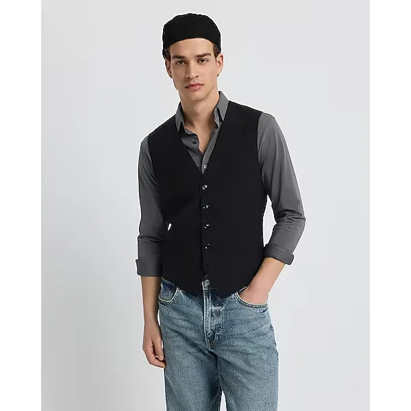 Express Slim Black Wool Blend Washable Modern Tech Suit Vest