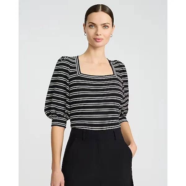 Express Jacquard Striped Square Neck Puff Sleeve Tee