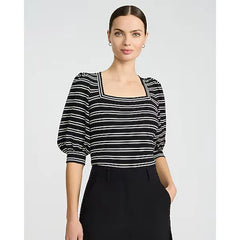 Express Jacquard Striped Square Neck Puff Sleeve Tee