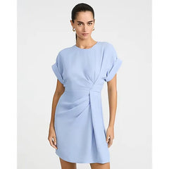 Express Satin Crew Neck Short Sleeve Twist Front Mini Fit and Flare Dress