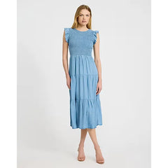 Express Chambray Crew Neck Flutter Sleeve Smocked Tiered Midi Dress