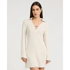 Express Ribbed Knit Hardware V Neck Collared Mini Dress