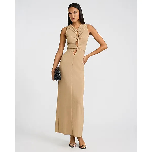 Express Metallic Crew Neck Twist Cutout Maxi Sheath Dress