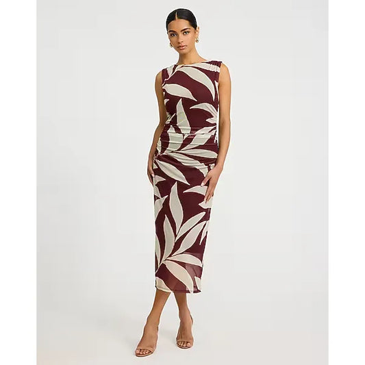 Express Printed Mesh Crew Neck Sleeveless Ruched Midi Dress