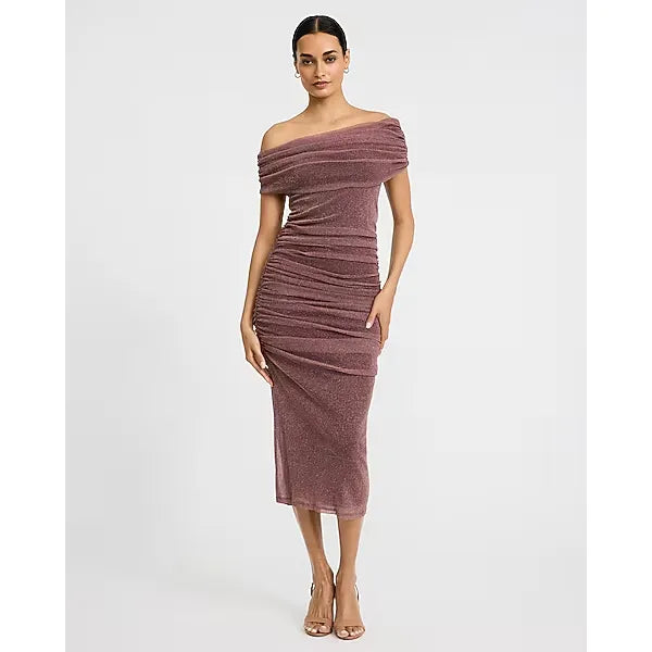 Express Mesh Shine Off The Shoulder Ruched Midi Sheath Dress