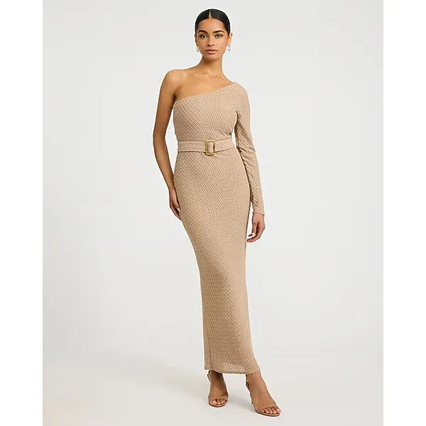 Express Textured One Shoulder Long Sleeve Belted Maxi Sweater Dress