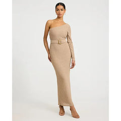 Express Textured One Shoulder Long Sleeve Belted Maxi Sweater Dress