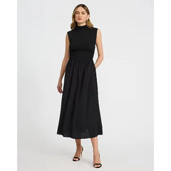 Express Mixed Media Mock Neck Drop Waist Midi Dress with Pockets