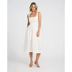 Express Summer Blend Linen Basque Waist Smocked Back Midi Dress with Pockets
