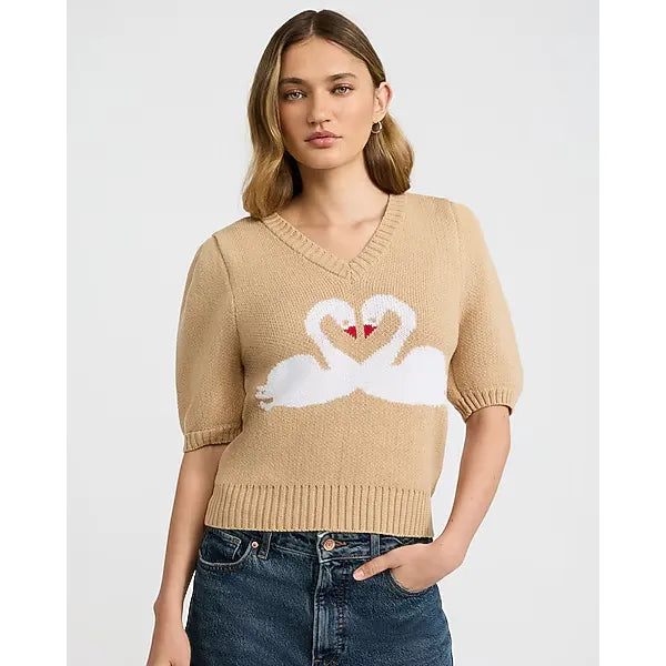 Express Heart Swan V Neck Puff Sleeve Sweater
