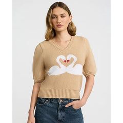 Express Heart Swan V Neck Puff Sleeve Sweater