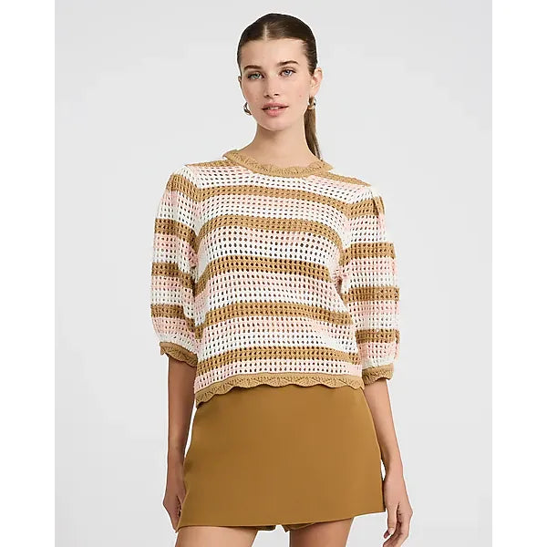 Express Cotton Striped Open Stitch Crochet Puff Sleeve Sweater