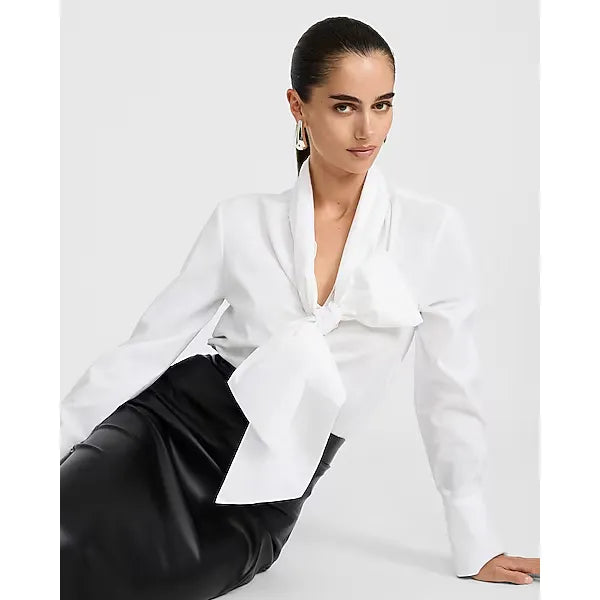 Express Stretch Cotton Poplin Drop Tie Neck Oversized Shirt