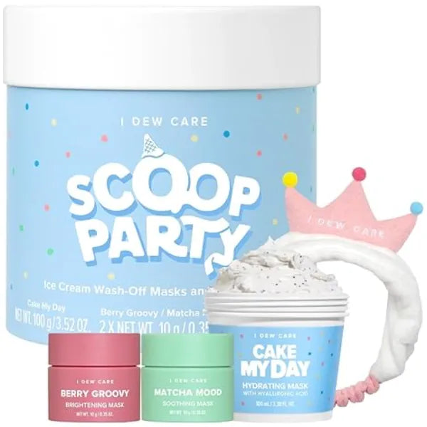 I DEW CARE Wash Off Face Mask Set Scoop Party Hyaluronic Acid Skincare Essentials, Moisturizing, Hydrating, Soothing, Exfoliating, Deep Cleansing Pore Refining, Stocking Stuffers, Gift Set