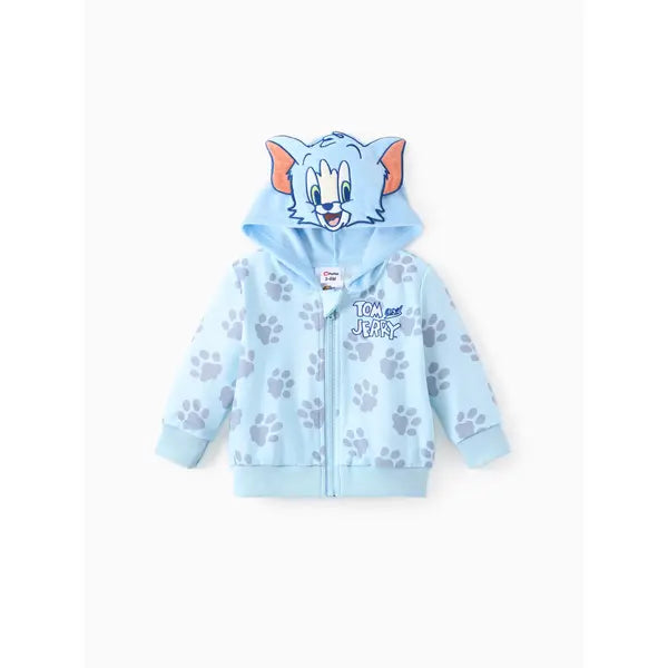Patpat Tom and Jerry Baby/Toddler 1pc 3D Character Embroidered Hooded Paw/Cheese Allover Print Jacket Blue