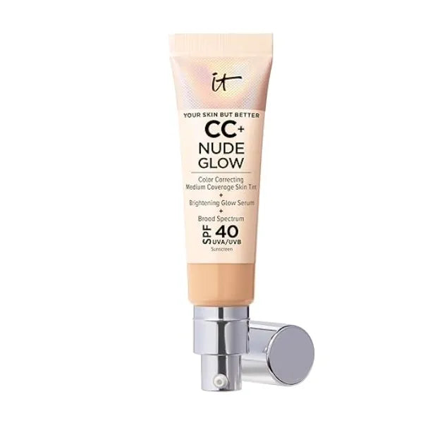 IT Cosmetics CC+ Nude Glow Medium Coverage Foundation with SPF 40 & Brightening Glow Serum, Lightweight Skin Tint, 2% Niacinamide + Hyaluronic Acid, Up to 24H Hydration, Normal/Dry Skin 1.08 fl oz