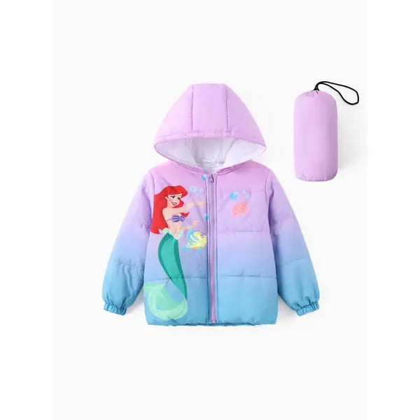 PATPAT Disney Princess Toddler Girl 2pcs Cindere/Belle/Ariel Heart/Dots/Gradient Print Hooded Puffer Jacket Coat With Storage Bag Ombre