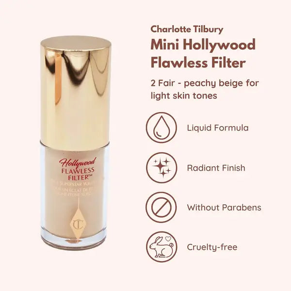 Charlotte Tilbury Mini Hollywood Flawless Filter, Travel Size, 2 Fair - Customizable Face Liquid Makeup Booster, Tinted Primer, Foundation, Highlighter, Moisturizer