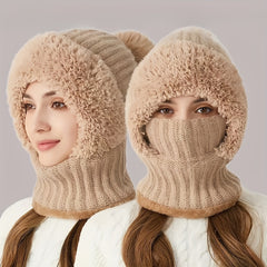 EIMELI 3-in-1 Winter Beanie with Ear Flaps, Neck Warmer & Face Mask - Fleece-Lined Knit Hat for Women