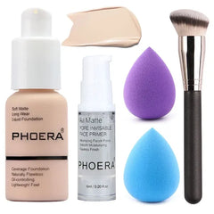 BestLand 5PCS Liquid Foundation Set - Matte Full Coverage Oil Control Breathable Invisible Cover Concealer with Face Primer, Foundation Brush, Makeup Sponge , Makeup Sponge(101 Porcelain Makeup Set) & (102 Nude)