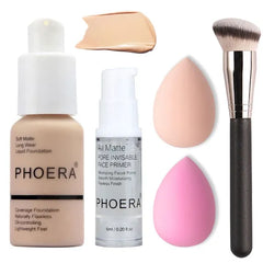 BestLand 5PCS Liquid Foundation Set - Matte Full Coverage Oil Control Breathable Invisible Cover Concealer with Face Primer, Foundation Brush, Makeup Sponge , Makeup Sponge(101 Porcelain Makeup Set) & (102 Nude)