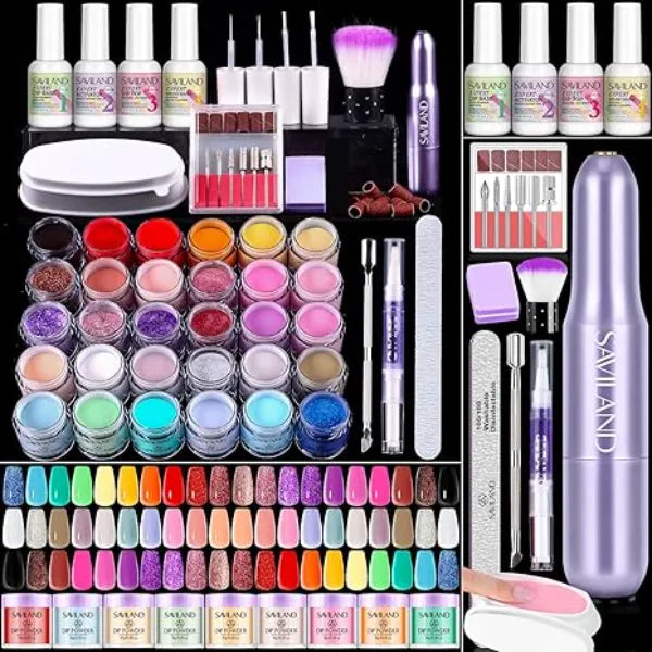 SAVILAND Dip Powder Nail Kit with Drill Starter Set Summer Spring Keratin Dip Nails Powder with Dipping Liquid Set Activator Base Top Coat Cuticle Oil for DIY Manicure Art Women Gift