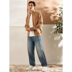 Suede High Neck Zip Through Jacket - Brown