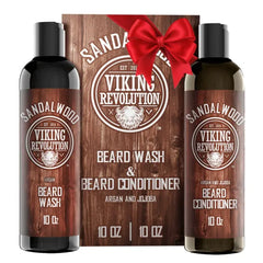 Viking Revolution Beard Wash & Beard Conditioner Set w/Argan & Jojoba Oils - Softens & Strengthens - Natural Beard Shampoo w/Beard Oil Sandalwood