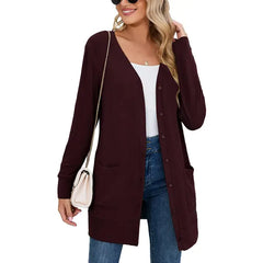 SHOWMALL Women's Long Sleeve Open Front Cardigan Button Down Apricot M Ribbed Lightweight Knit Outerwear with Pocket