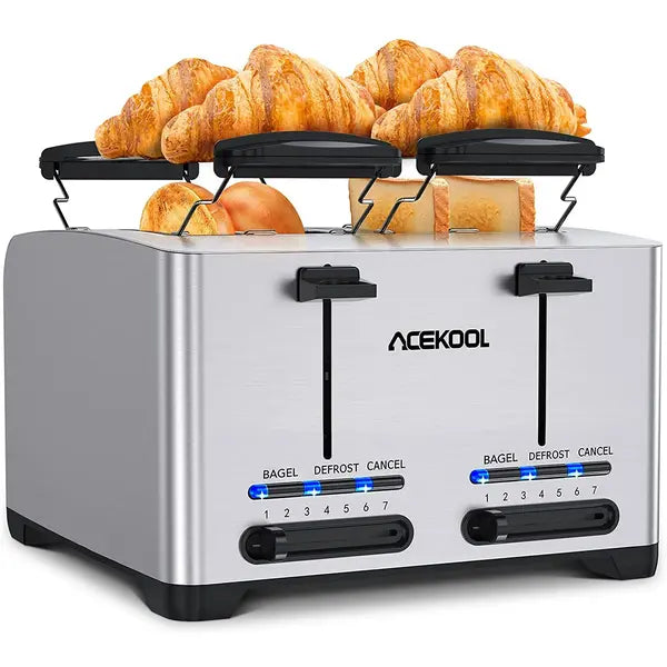 Toaster 4 Slice, Stainless Steel Toasters with Bagel, Cancel and Defrost Function, Dual Control, 1.6 inch Extra-Wide Slot, 7 Toasting Levels Toaster with Removable Crumb Trays & Warming Rack 1500W