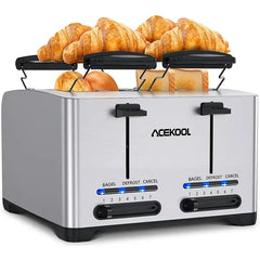 Toaster 4 Slice, Stainless Steel Toasters with Bagel, Cancel and Defrost Function, Dual Control, 1.6 inch Extra-Wide Slot, 7 Toasting Levels Toaster with Removable Crumb Trays & Warming Rack 1500W