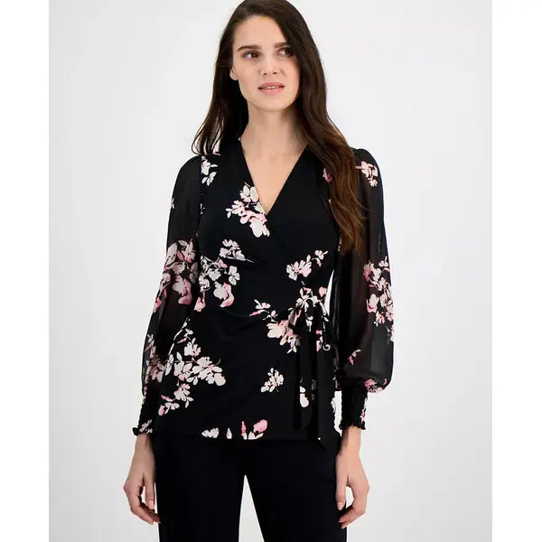 Anne Klein Womens Floral Print Smocked Wrap Top, Elegant Feminine Blouse for Day or Night