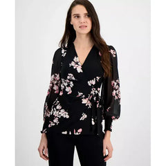 Anne Klein Womens Floral Print Smocked Wrap Top, Elegant Feminine Blouse for Day or Night