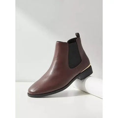 MAX FASHION Plain Block Heel Ankle Boots with Gusset and Zip Closure-Brown