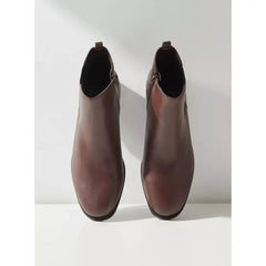 MAX FASHION Plain Block Heel Ankle Boots with Gusset and Zip Closure-Brown