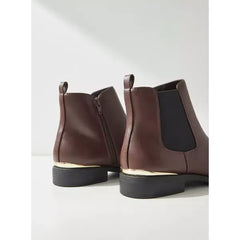 MAX FASHION Plain Block Heel Ankle Boots with Gusset and Zip Closure-Brown