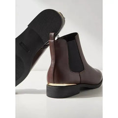 MAX FASHION Plain Block Heel Ankle Boots with Gusset and Zip Closure-Brown