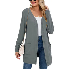 SHOWMALL Women's Long Sleeve Open Front Cardigan Button Down Apricot M Ribbed Lightweight Knit Outerwear with Pocket